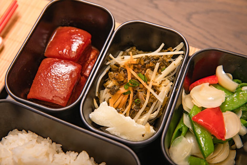 野菜、肉、ご飯が入ったカラフルなアジアンランチ弁当。