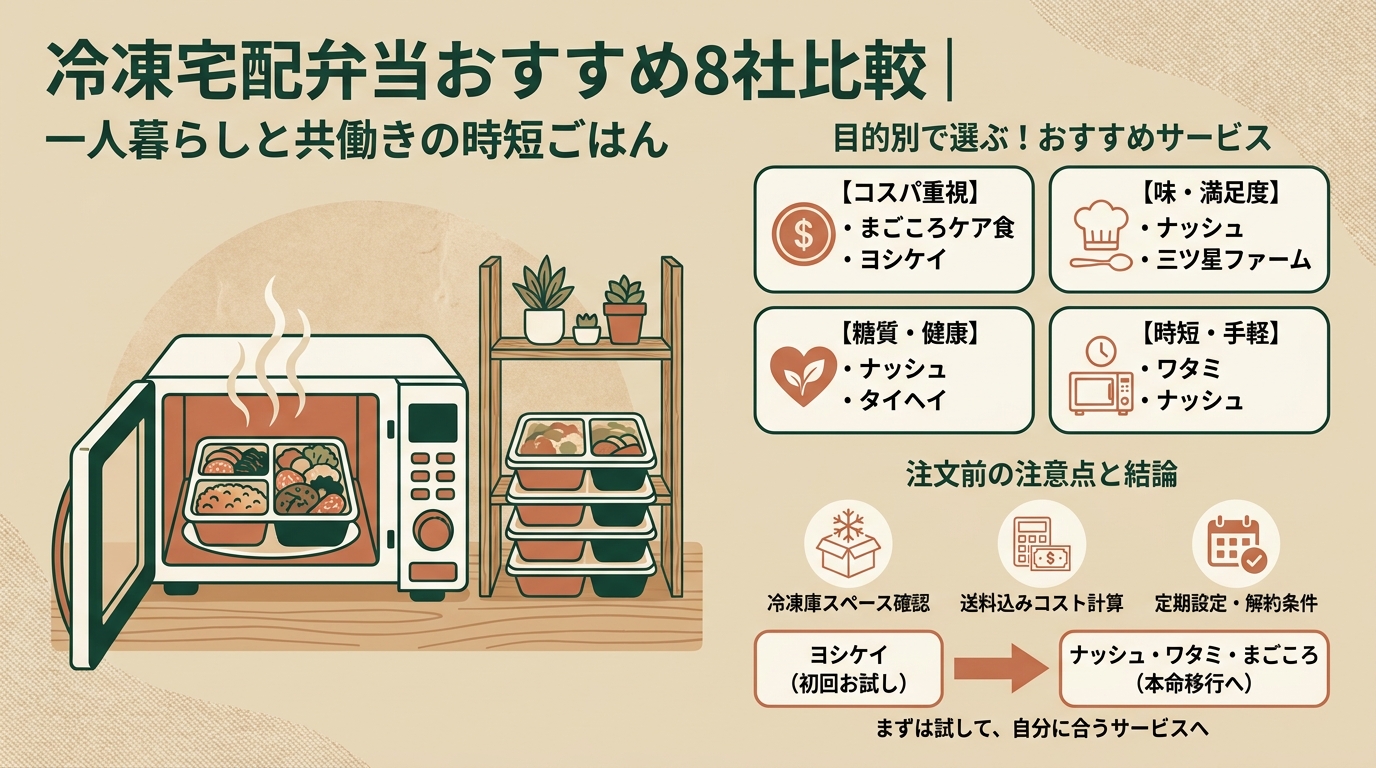 冷凍宅配弁当おすすめ8社比較｜一人暮らしと共働きの時短ごはん アイキャッチ（PC用）