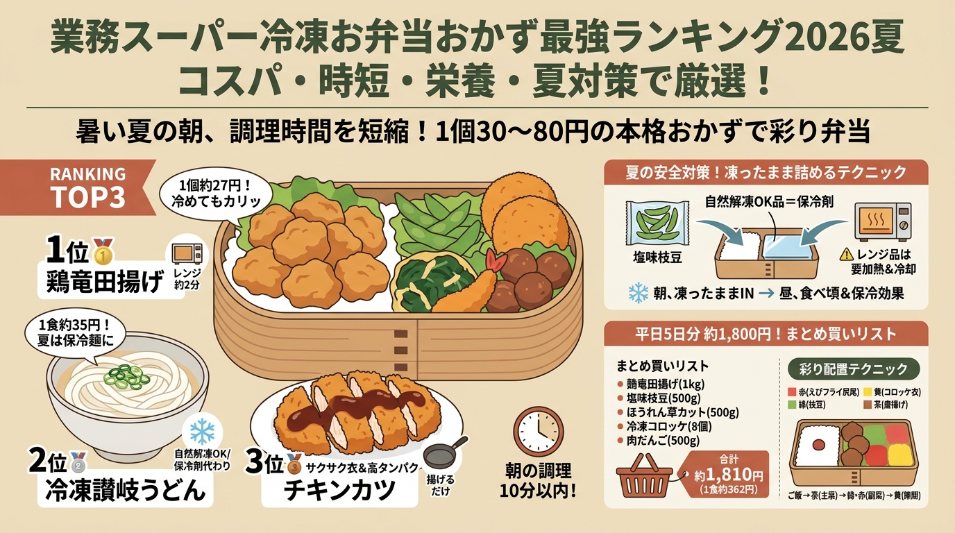 業務スーパー冷凍お弁当おかず最強ランキング2026夏 コスパ・時短・栄養バランス・夏場対策など アイキャッチ（PC用）